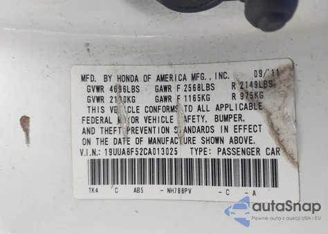 2012 Acura Tl 3.5 z USA, uszkodzony, nr VIN 19UUA8F52CA013025